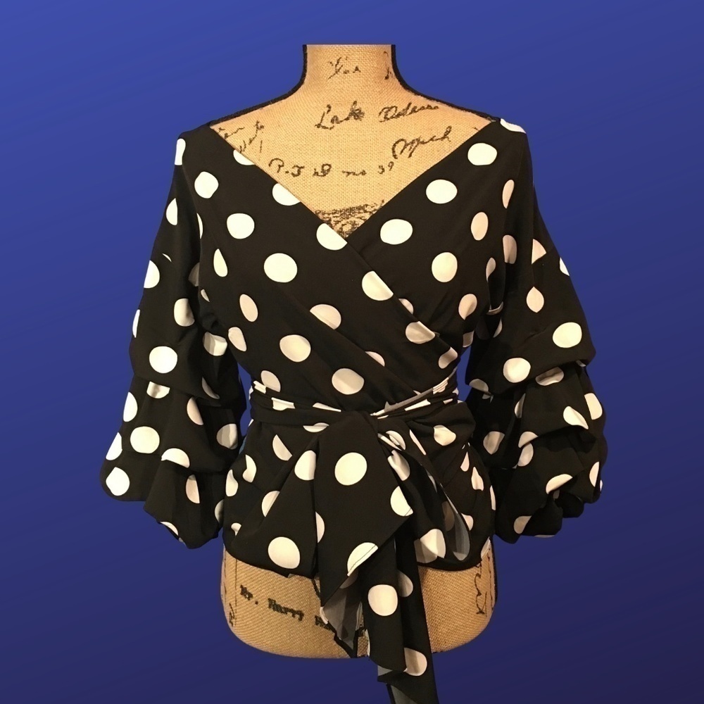 MAIN STRIP Wrap Top, Off Shoulder, BLACK/WHITE POLKA DOT, Women’s Size M, NWOT